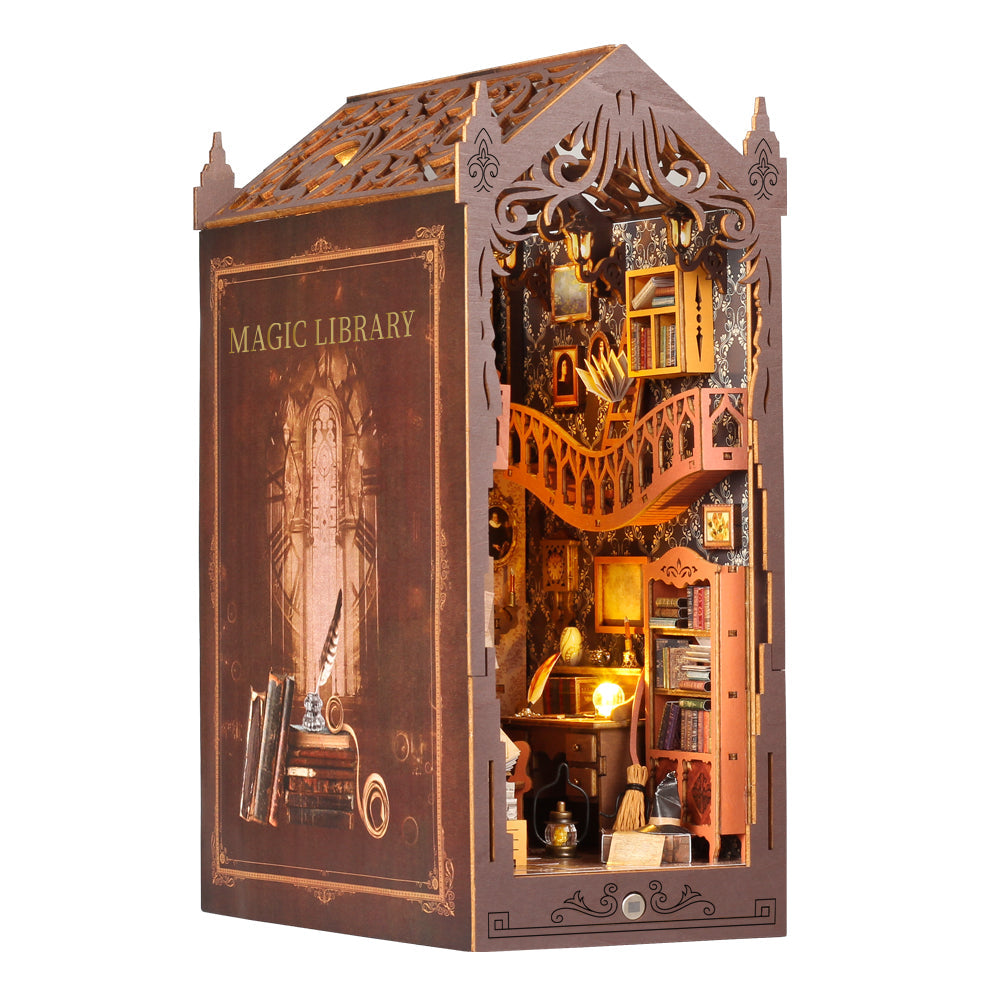 Magic House DIY Book Nook Kit featuring intricate details, lighting, and musical elements in a magical library design.
