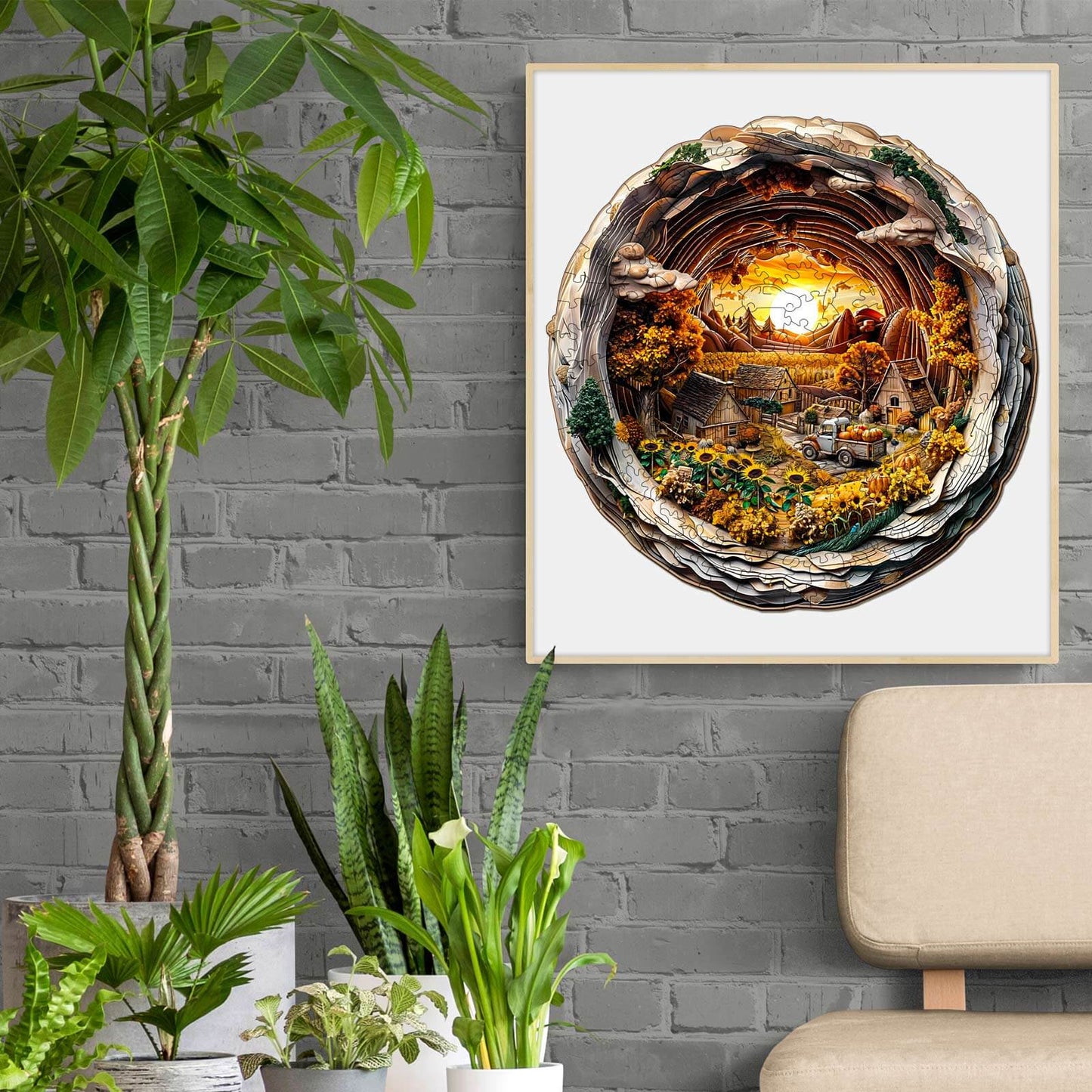 3D Autumn Farm-1 Wooden Jigsaw Puzzle displayed in a cozy living room with plants and modern decor.