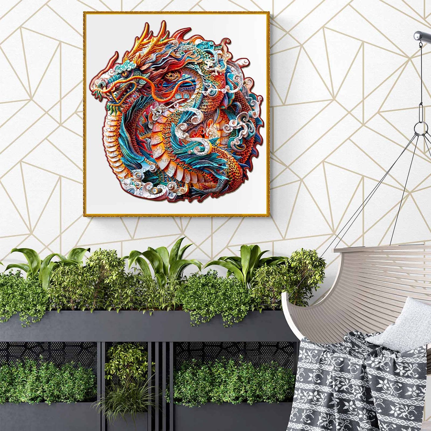 Vibrant 3D Chinese dragon artwork framed, surrounded by green plants in a modern interior setting.
