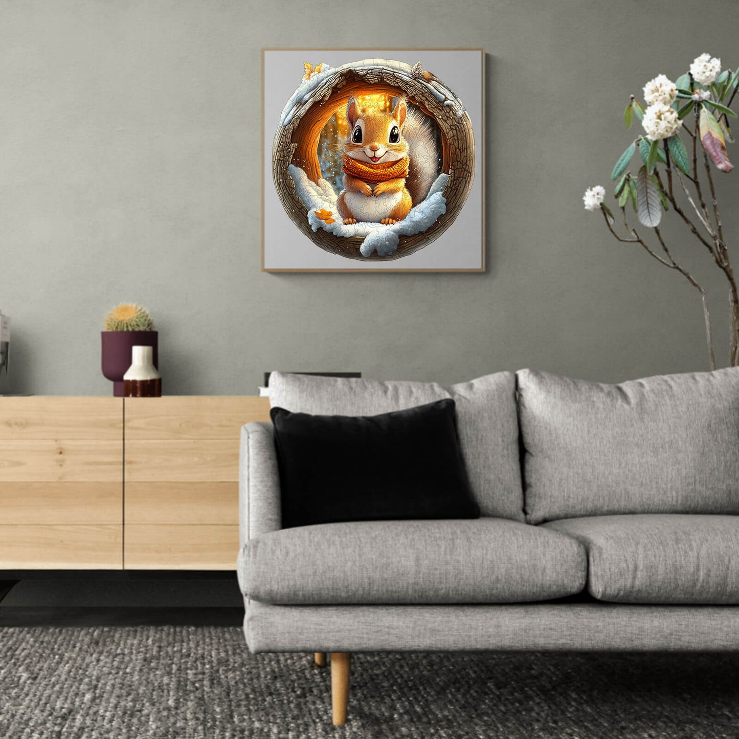 3D Cave Squirrel wooden jigsaw puzzle displayed in a modern living room, enhancing the decor and promoting focus.