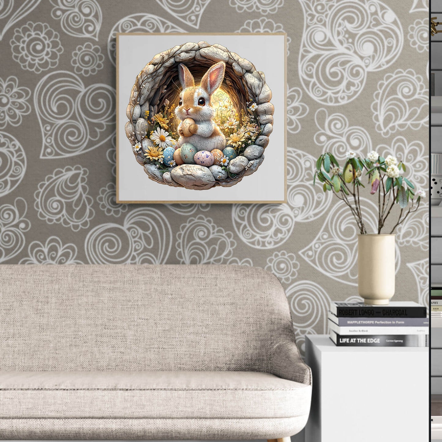 3D Cave Easter Bunny wooden jigsaw puzzle displayed in a cozy living room, enhancing decor and providing mind game fun.
