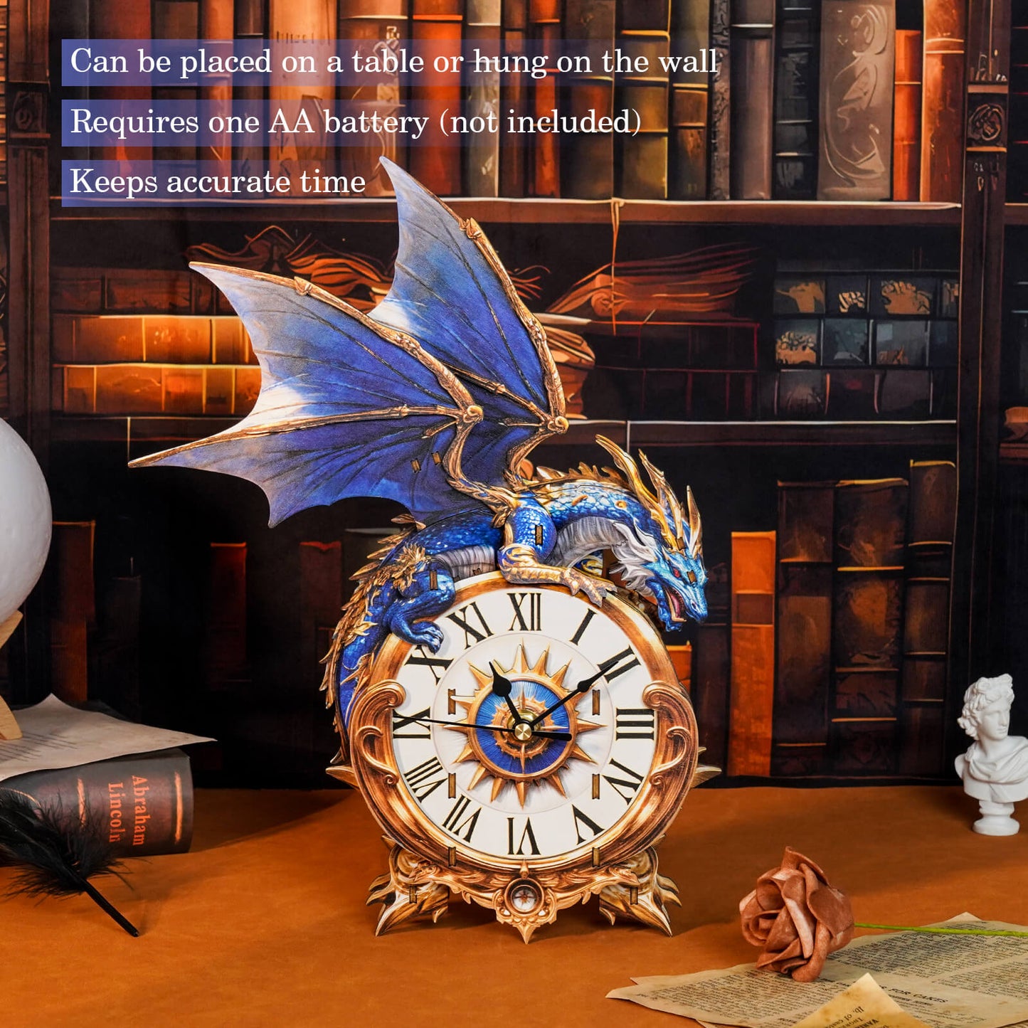 Blue dragon DIY wooden clock on table, showcasing intricate design and details, perfect for home decor.