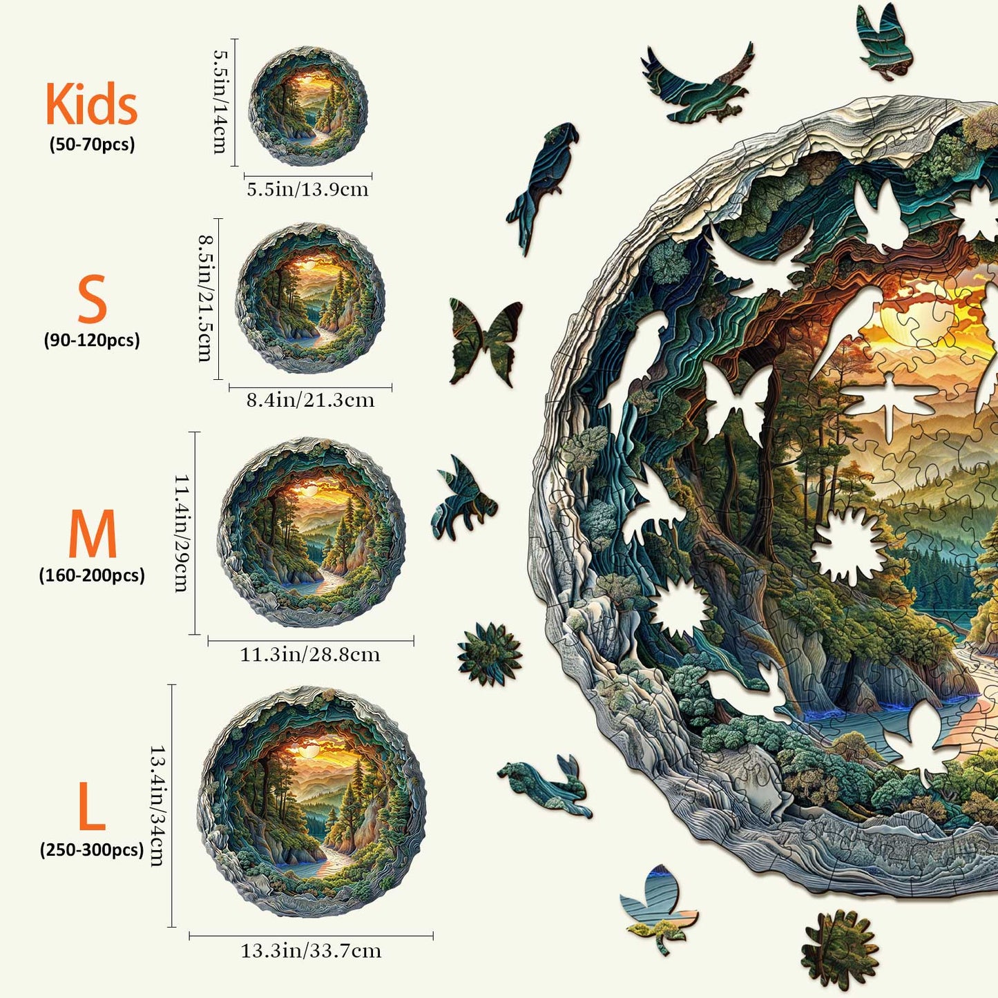 Puzzle size guide showcasing Kids, S, M, and L options with beautiful nature artwork in circular designs.