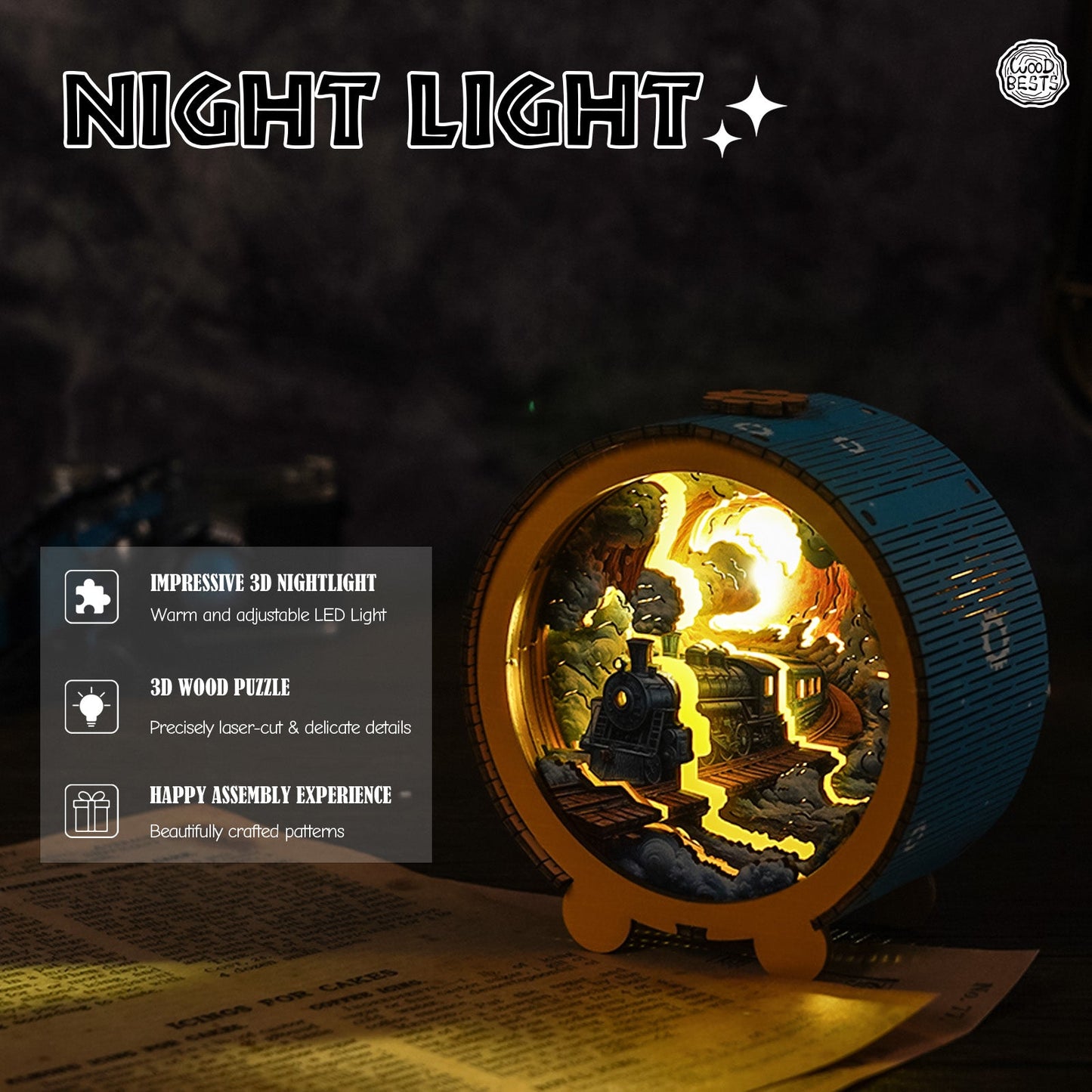 3D wooden puzzle night light featuring a train design with warm LED illumination and intricate details.