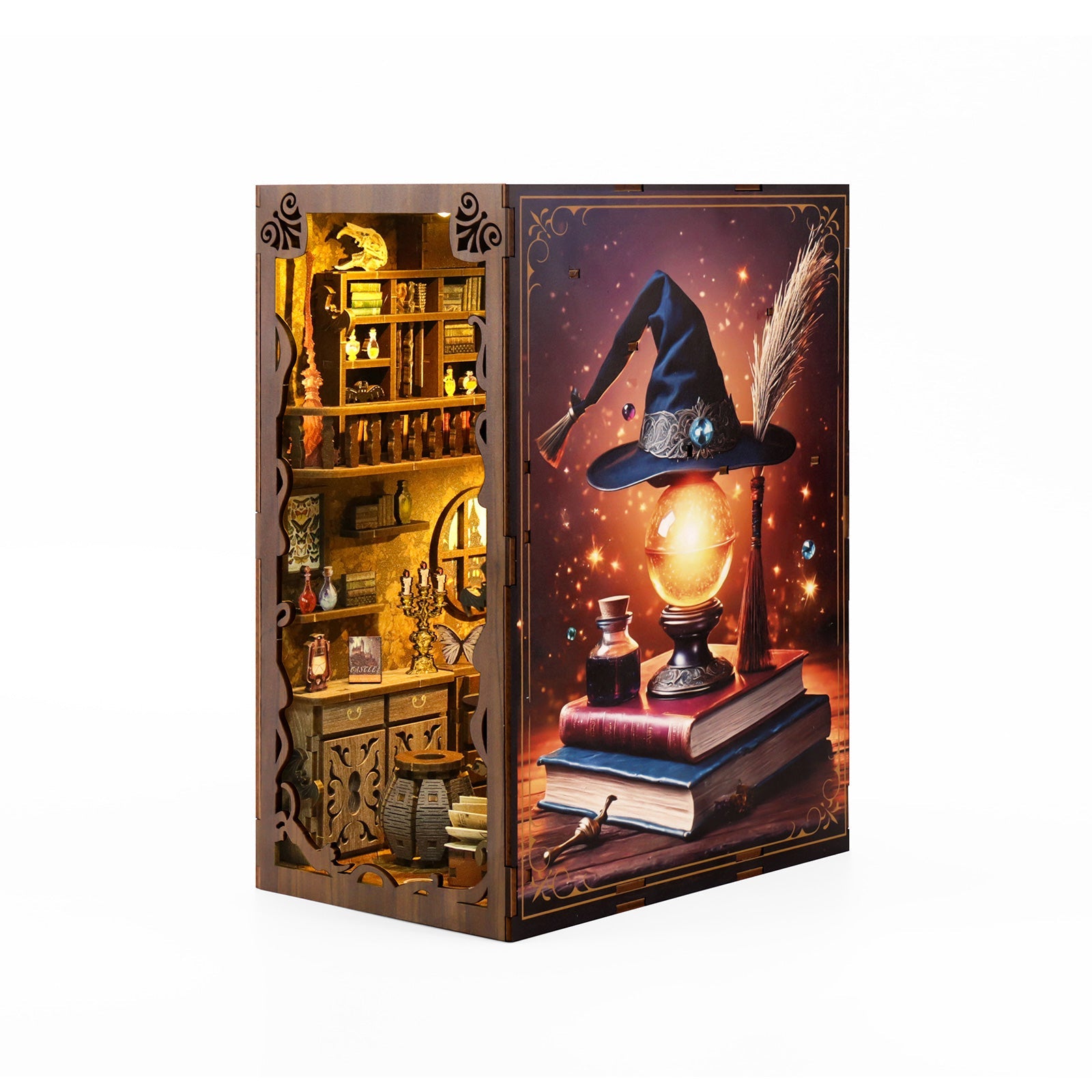 Magic Night DIY book nook kit showcasing a wizard hat, lantern, and antique books in a detailed wooden puzzle design.