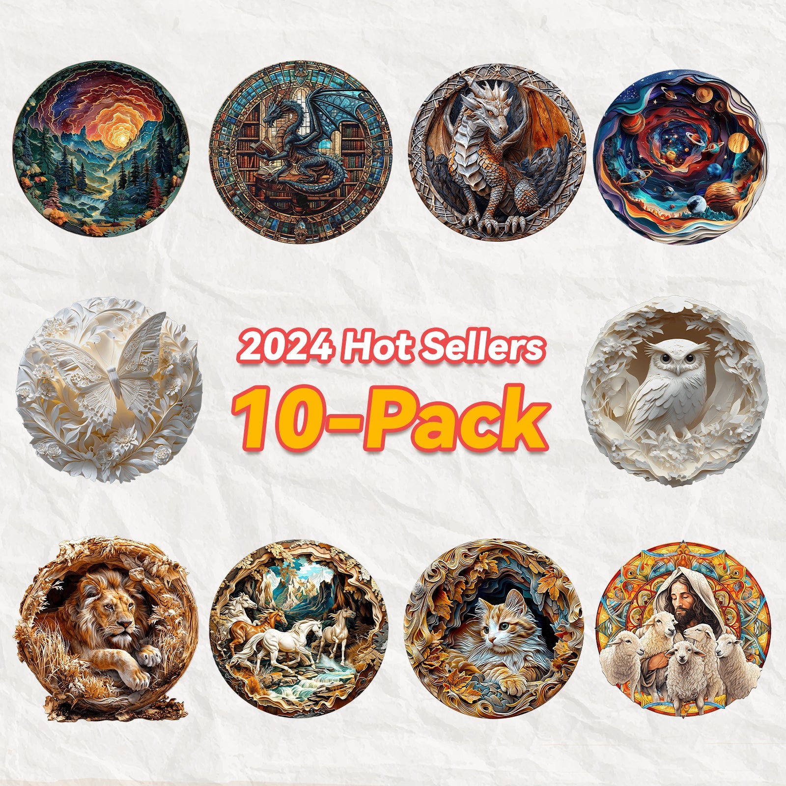 2024 Hot Sellers 10-Pack featuring detailed circular art designs, including animals and nature scenes.