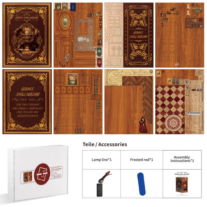 Grimm's Small Building DIY Book Nook Kit pieces, including assembly instructions, lamp line, and frosted rod for 3D puzzle.