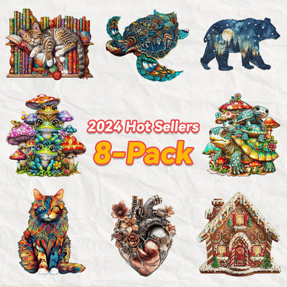2024 Hot Sellers 8-Pack featuring colorful animal and nature designs including cats, turtles, bears, and whimsical mushrooms.