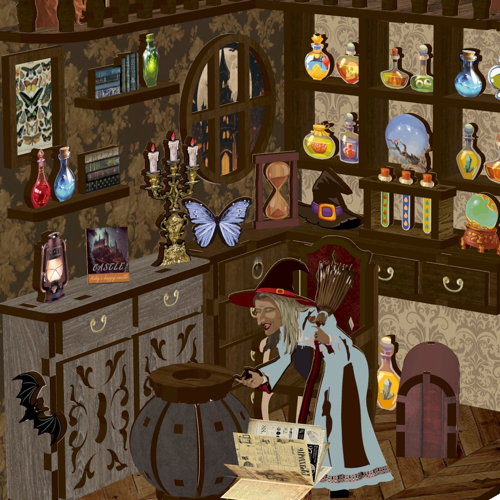 Whimsical illustration of a witch brewing in her potion-filled cozy shop, adorned with magical artifacts and decor.