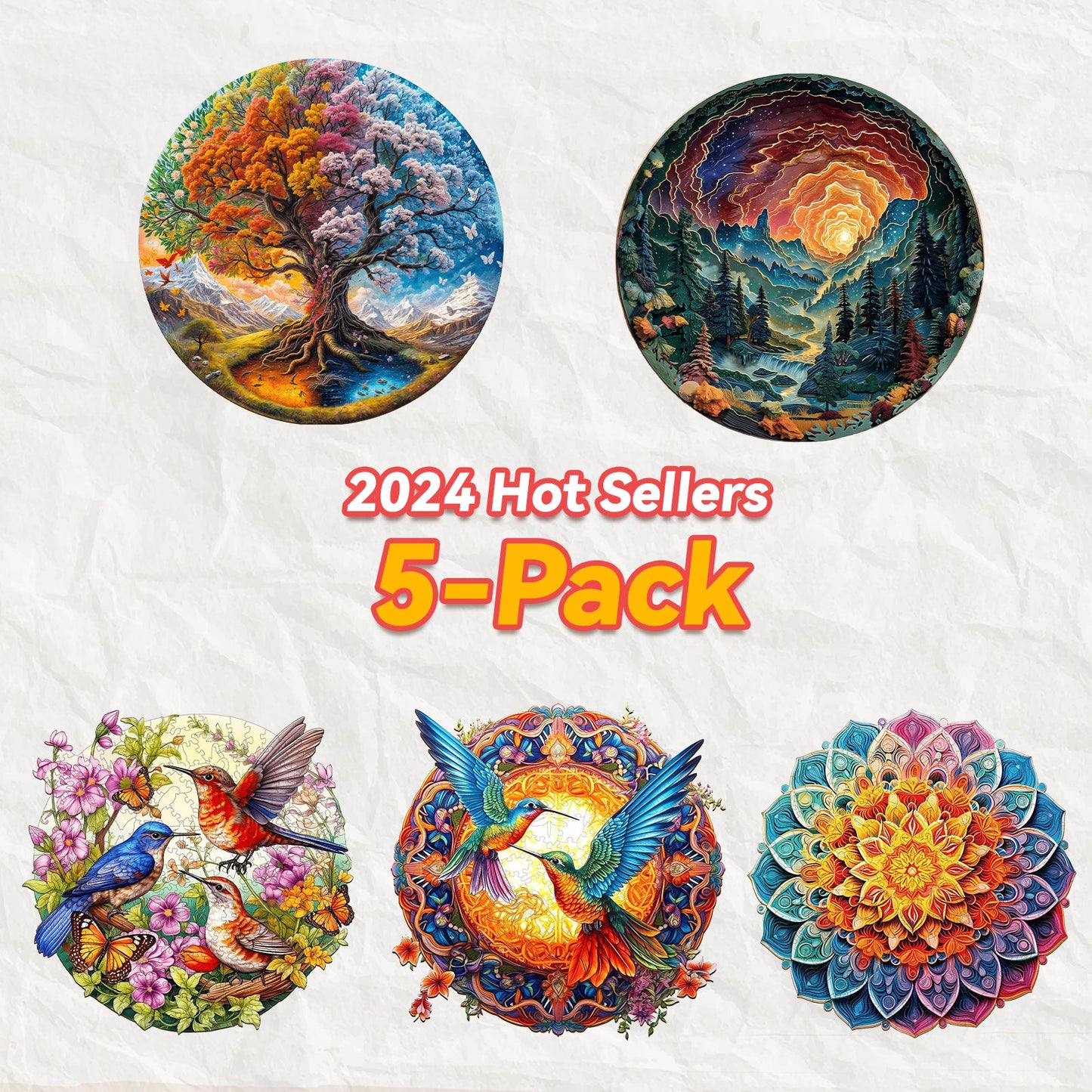 Colorful 2024 Hot Sellers 5-Pack featuring vibrant tree, mountain, bird, and mandala art designs.