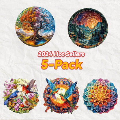 Colorful 2024 Hot Sellers 5-Pack featuring vibrant tree, mountain, bird, and mandala art designs.