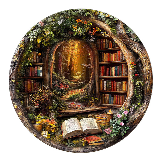 Tree House Library wooden jigsaw puzzle featuring a serene forest scene and colorful bookshelves for focused fun.