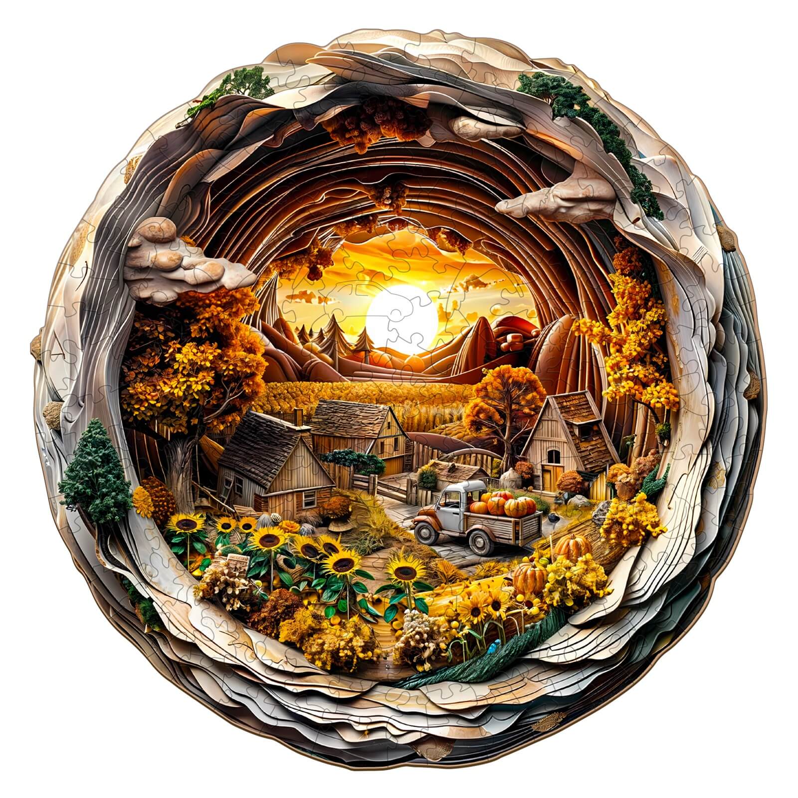 3D Autumn Farm-1 wooden jigsaw puzzle featuring a vibrant autumn scene with houses, sunflowers, and a sunset.