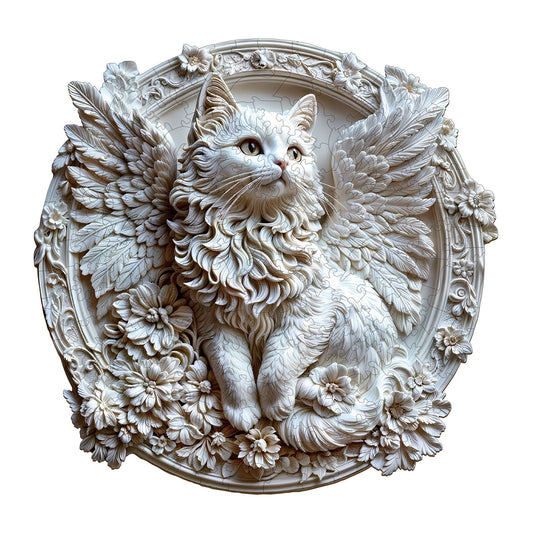 3D angel cat wooden jigsaw puzzle with wings and floral details, perfect for mind games and puzzle lovers.