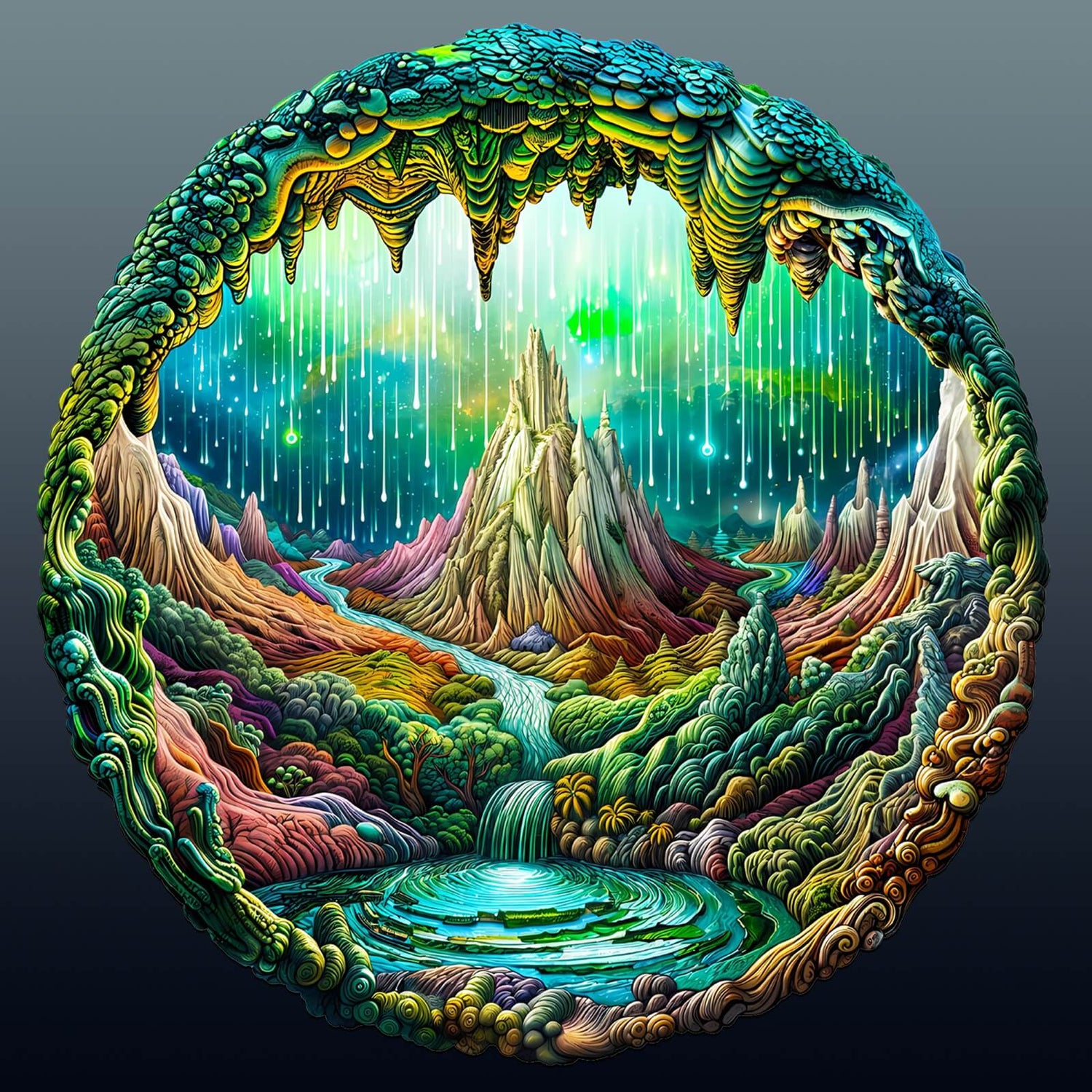 Colorful 3D landscape illustration featuring mountains, waterfalls, and glowing elements, creating a mystical scene.