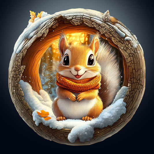 3D Cave Squirrel Wooden Jigsaw Puzzle illustration featuring a cute squirrel in a cozy log with snow.