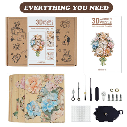 Bouquet– DIY Wooden Clock, 3D Puzzle Craft Kit