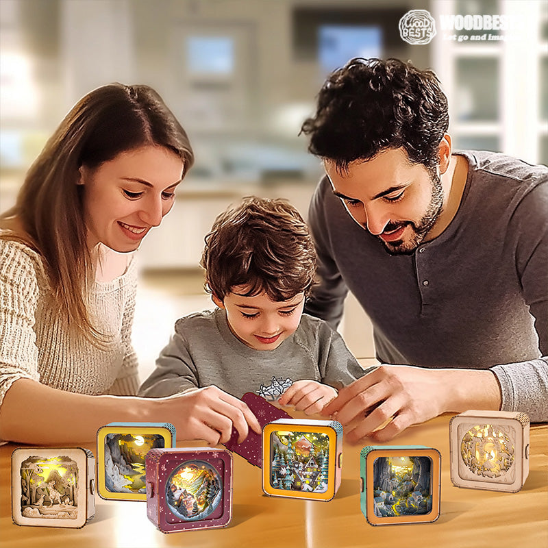 Family enjoying the Long River Sunset 3D Wooden Puzzle Night Light together at a table.