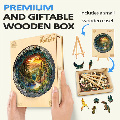 3D Cave Forest wooden puzzle in a premium gift box with easel, perfect for art lovers and gift giving.