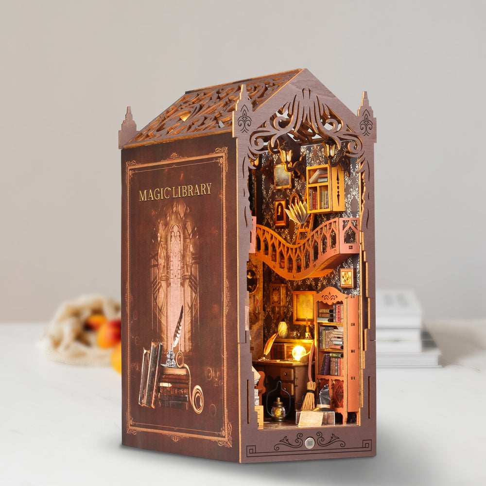 Magic House DIY Book Nook Kit 3D wooden puzzle with intricate design showcasing a cozy library interior.