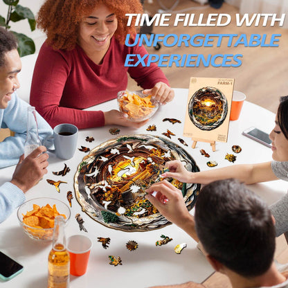 Group of friends enjoying 3D Autumn Farm-1 wooden jigsaw puzzle, emphasizing fun and focus during puzzle-solving.