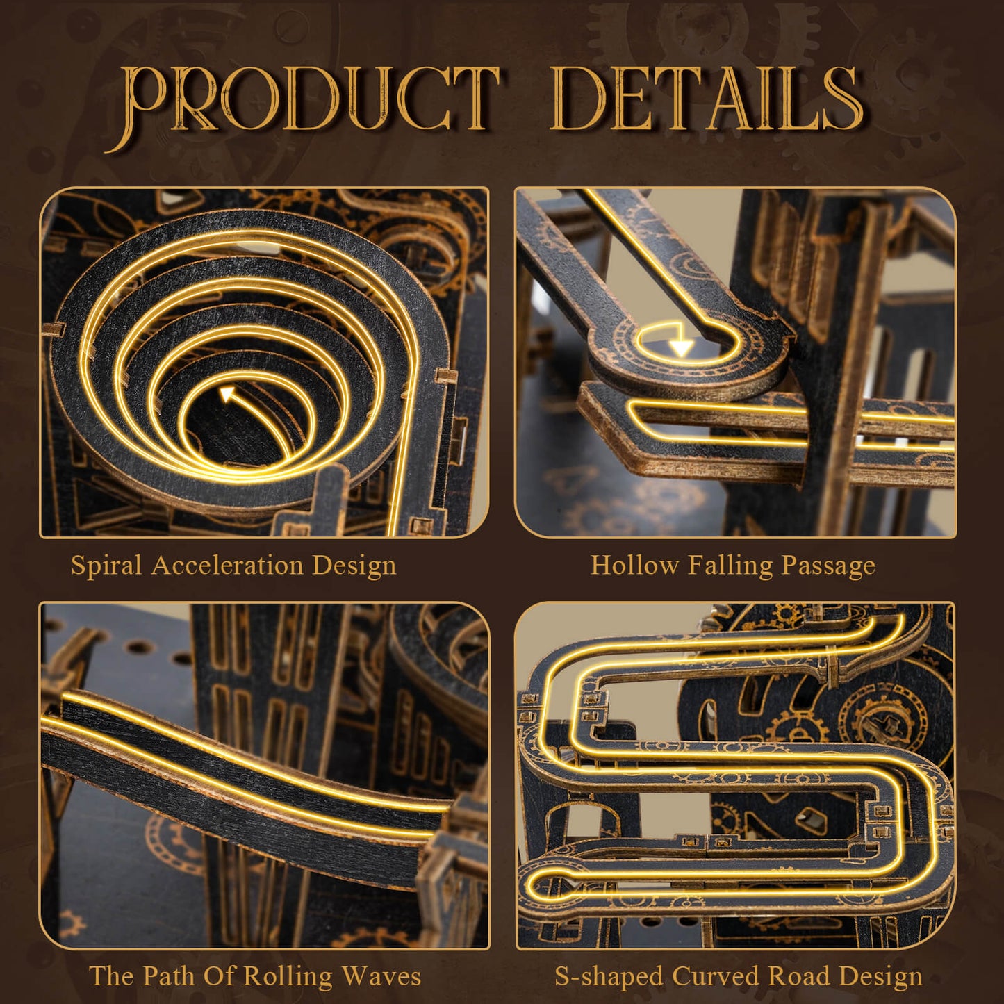 Dark Wood 3D Marble Run – DIY Wooden Puzzle Track Kit