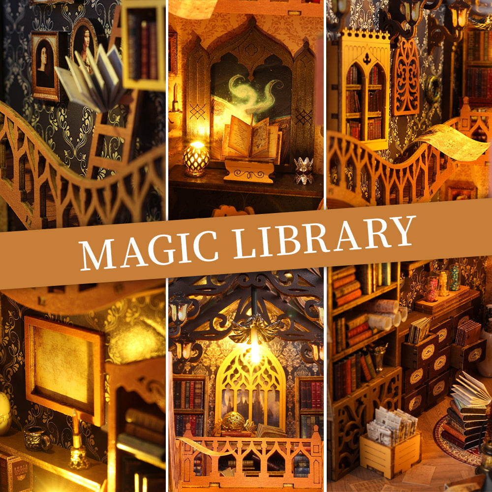 Magic House DIY Book Nook Kit with detailed scenes of a classic library, featuring books, lighting, and musical elements.