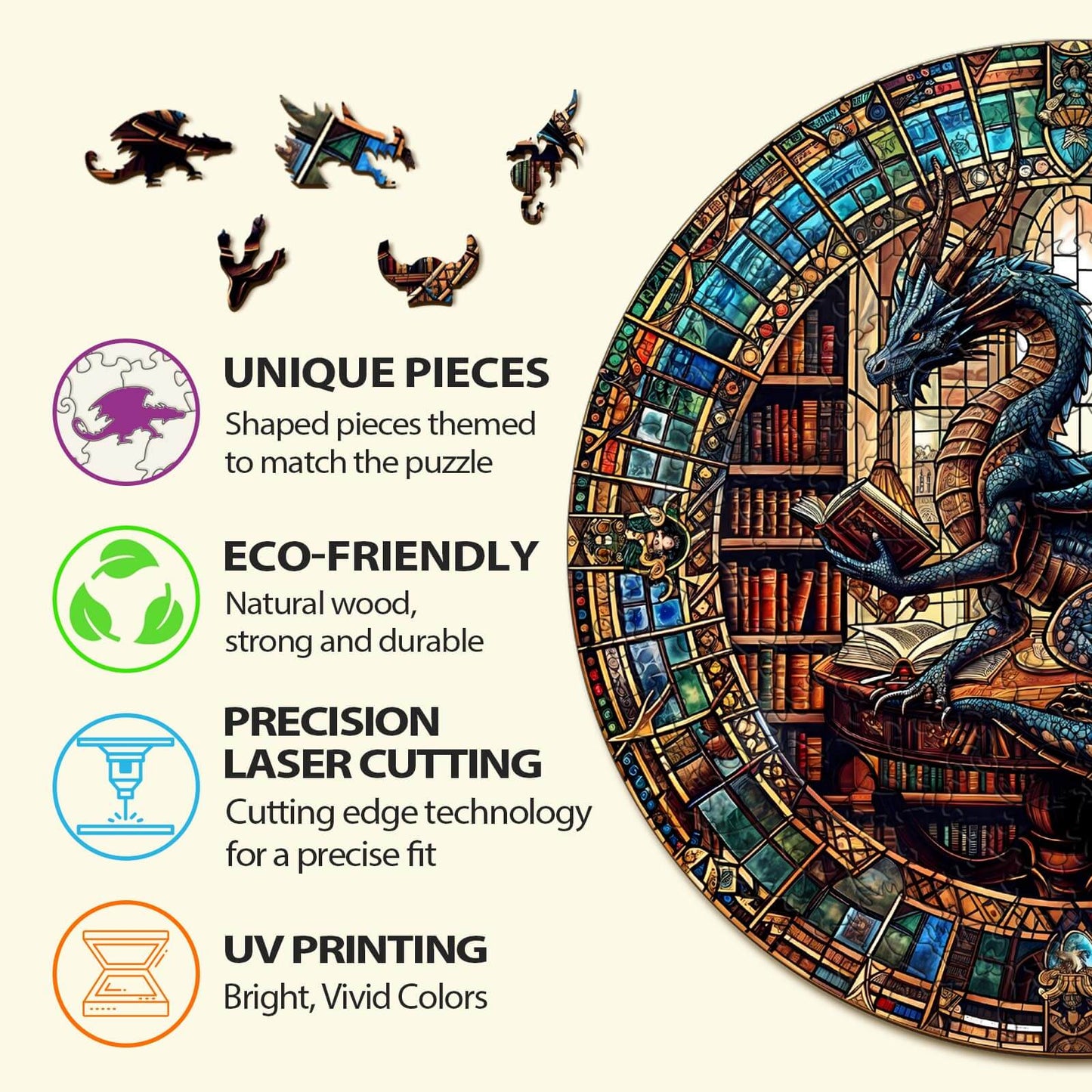 The Dragon's Library wooden jigsaw puzzle features unique eco-friendly pieces, precision laser cutting, and vibrant UV printing.