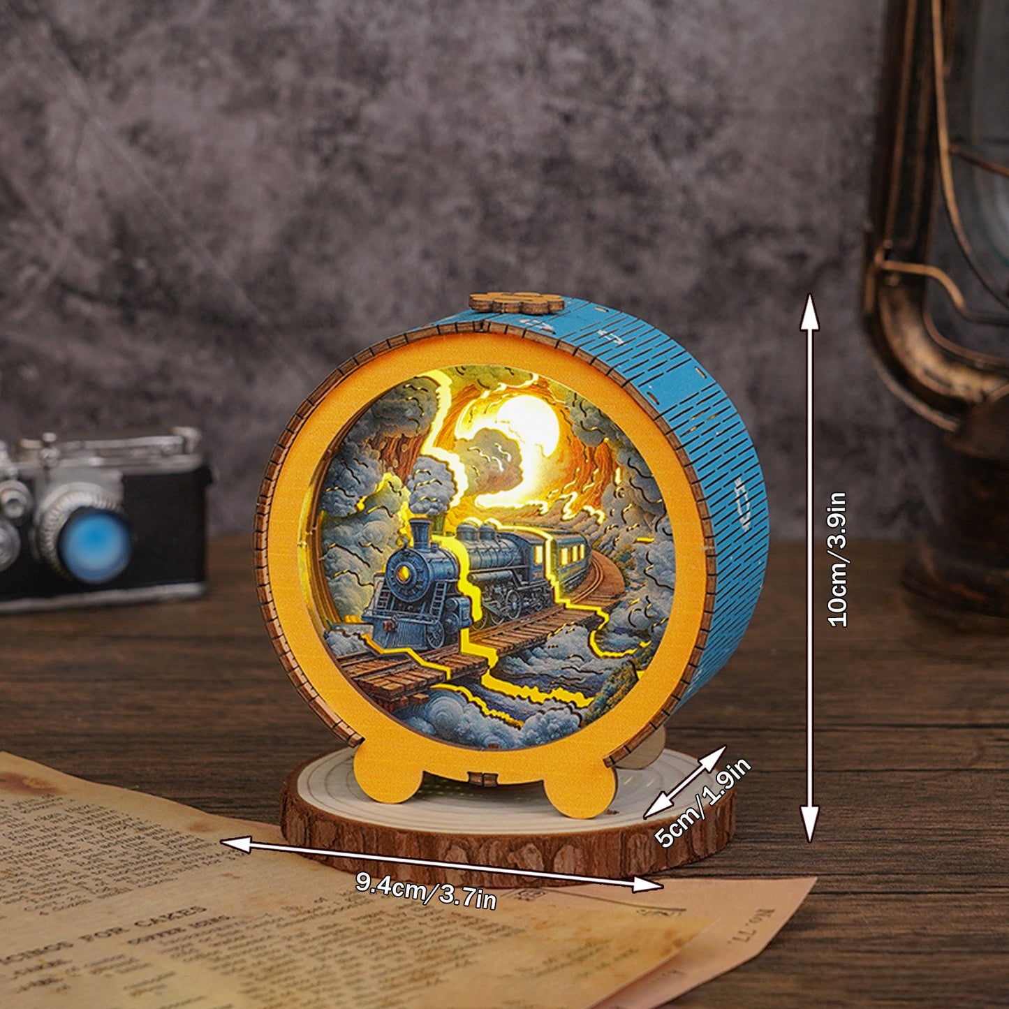 Steam Train Kit 3D wooden puzzle night light showcasing a detailed train scene with warm illumination.