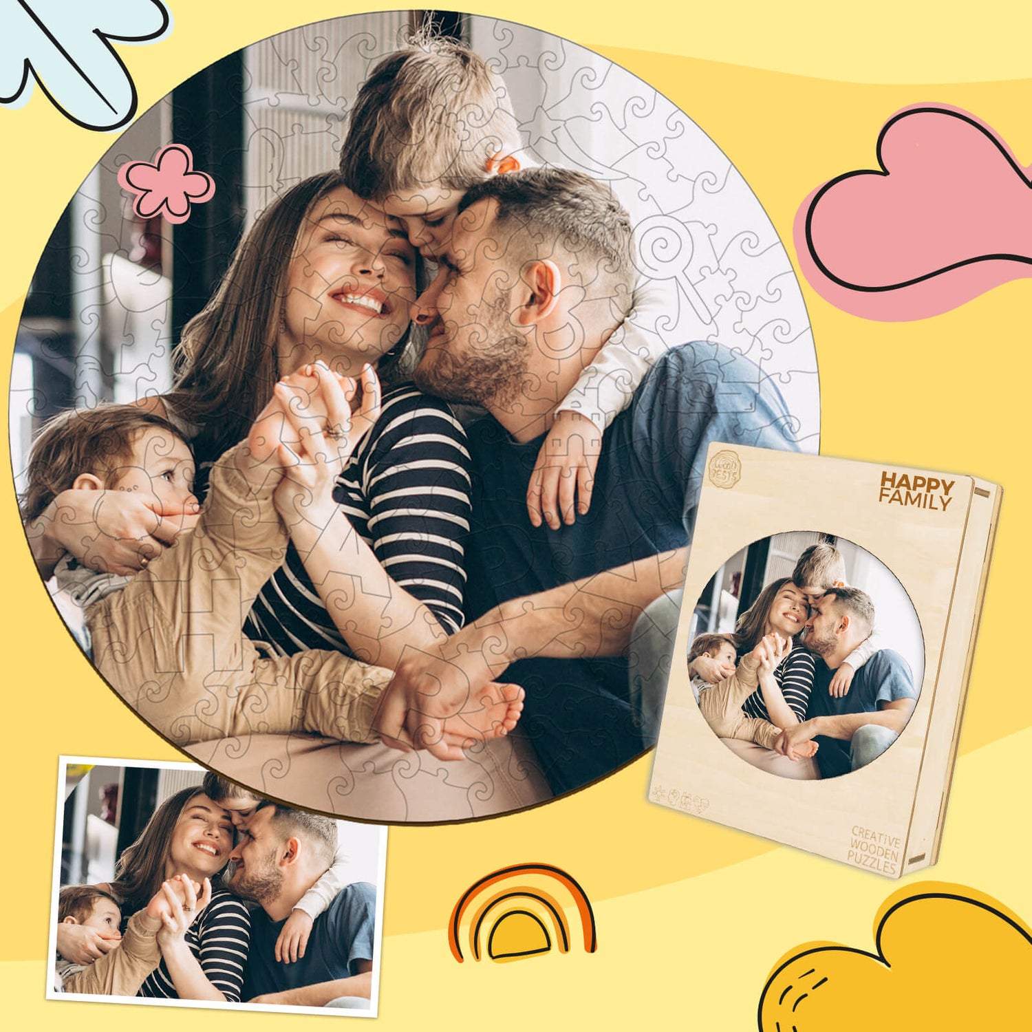 Custom photo wooden puzzle featuring a happy family enjoying time together, perfect gift idea for loved ones.