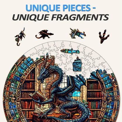 Dragon's Library wooden jigsaw puzzle showcasing unique pieces and vibrant artwork of a dragon in a library.